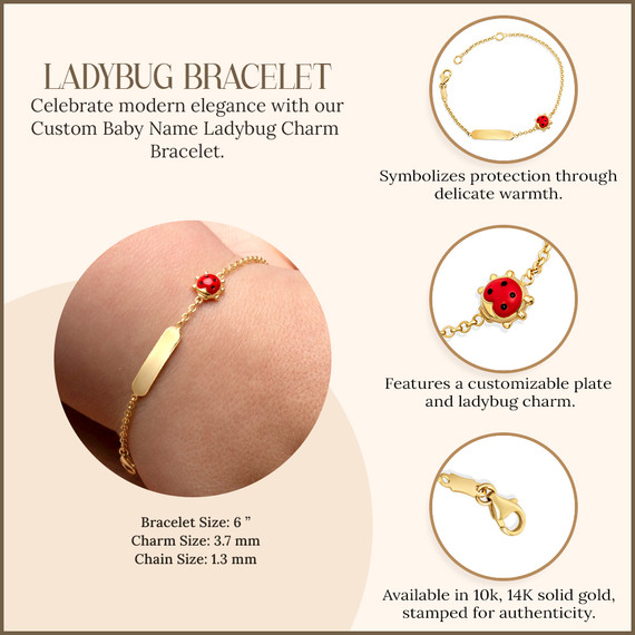 14K Gold Custom Baby Name Ladybug Charm Bracelet