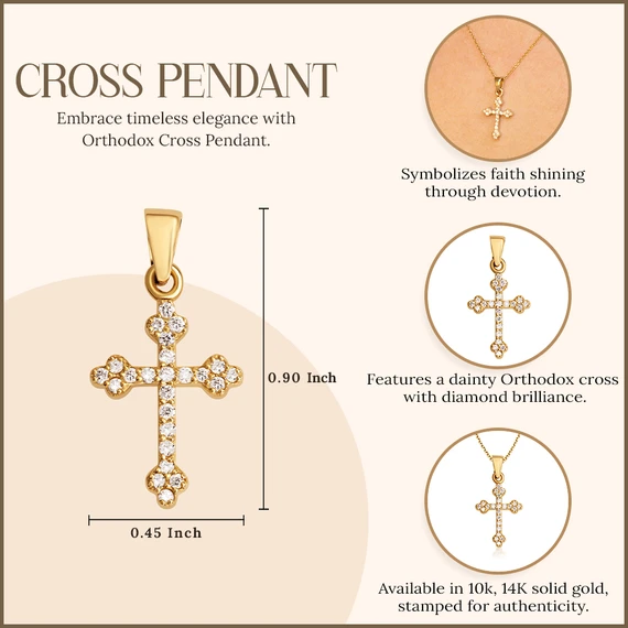 Gold Lab Grown Diamond Dainty Orthodox Cross Pendant Necklace 