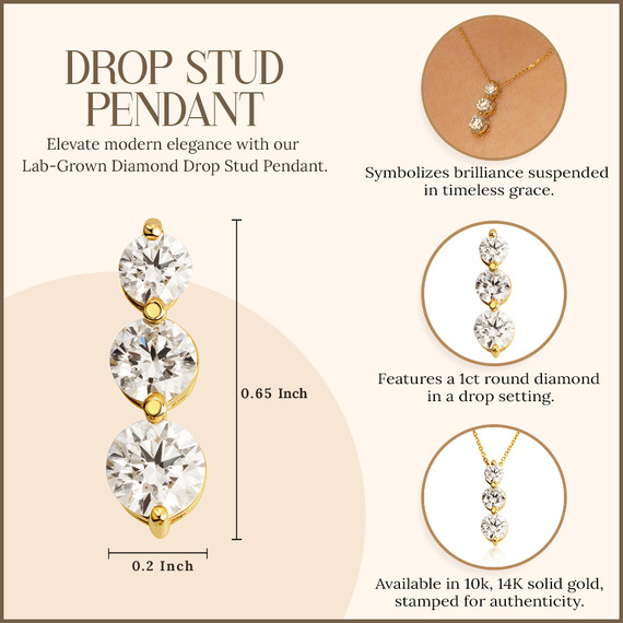 Gold 1ct Lab Grown Diamond Drop Stud Pendant Necklace