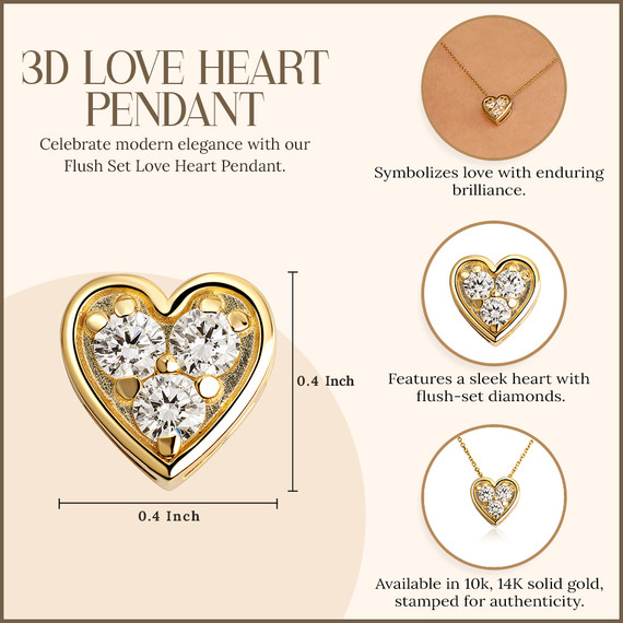 Gold Lab Grown Diamond Flush Set Love Heart Pendant Necklace