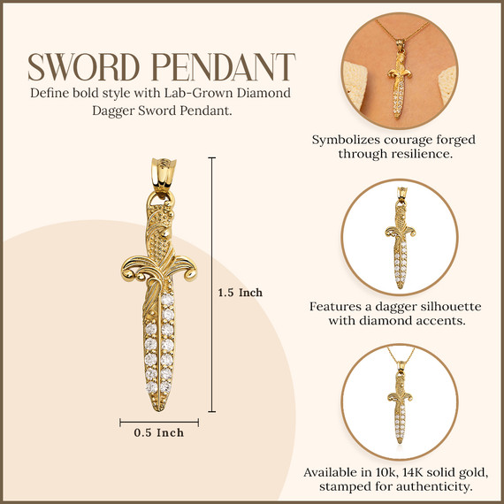 Gold Lab Grown Diamond Studded Fleur de Lis Dagger Sword Pendant Necklace