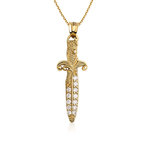 Gold Lab Grown Diamond Studded Fleur de Lis Dagger Sword Pendant Necklace
