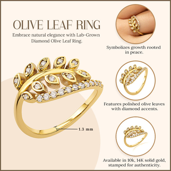 10K/14K Solid Gold Olive Leaf Lab Grown Diamond Ring