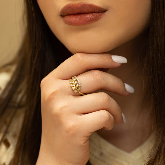 10K/14K Solid Gold Olive Leaf Lab Grown Diamond Ring