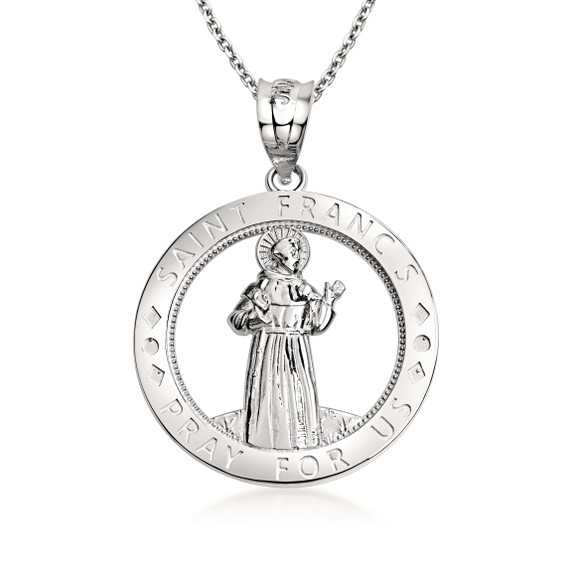 .925 Sterling Silver Saint Francis Round Medallion Pendant Necklace