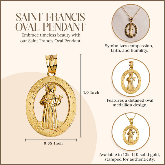 Yellow Gold Saint Francis Oval Medallion Pendant Necklace (10k/14k)