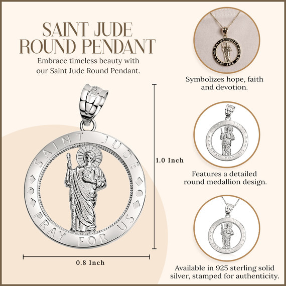.925 Sterling Silver Saint Jude Round Medallion Pendant Necklace