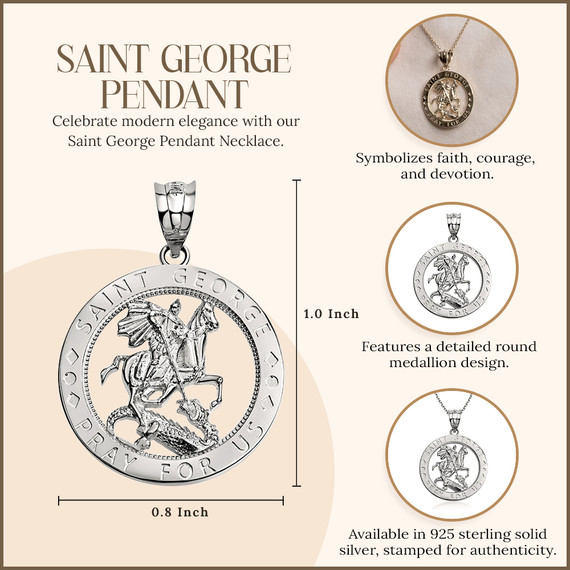 .925 Sterling Silver Saint George Round Medallion Pendant Necklace