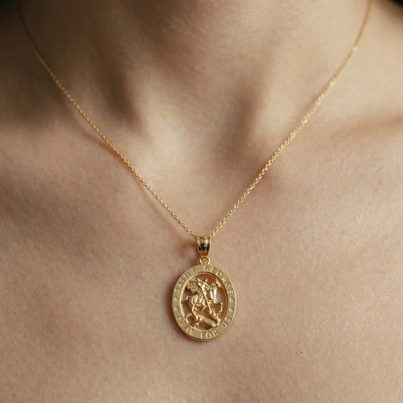 Yellow Gold Saint George Oval Medallion Pendant Necklace (10K/14K)