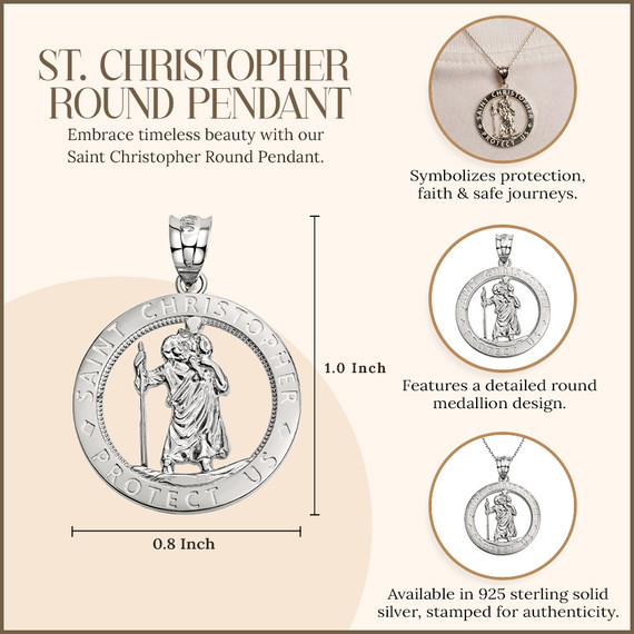 .925 Sterling Silver Saint Christopher Round Medallion Pendant Necklace