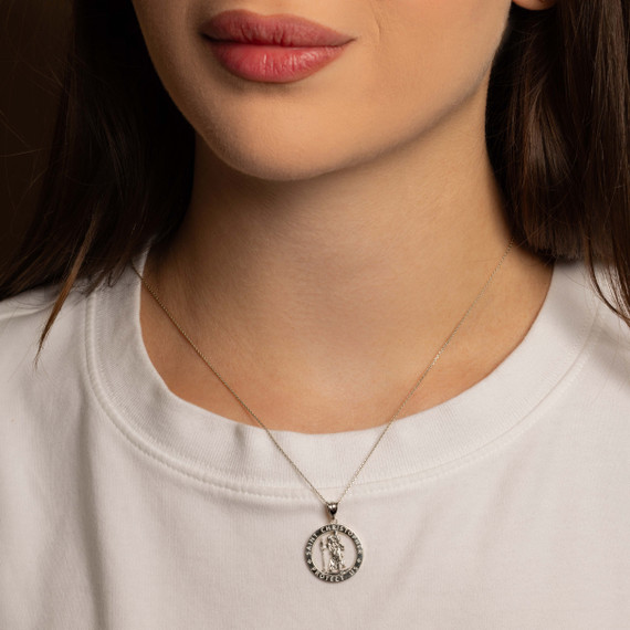 .925 Sterling Silver Saint Christopher Round Medallion Pendant Necklace