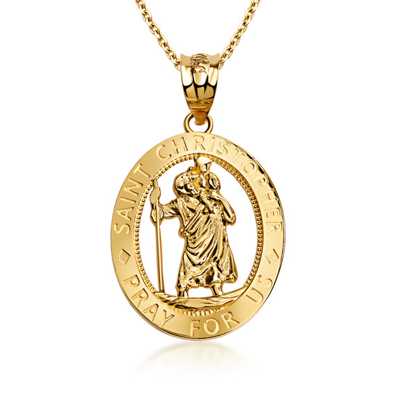 Yellow Gold Saint Christopher Oval Medallion Pendant Necklace (10k/14k)