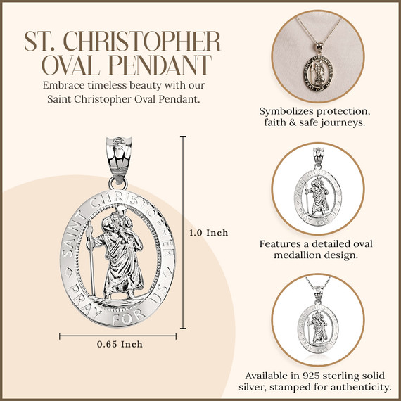 .925 Sterling Silver Saint Christopher Oval Medallion Pendant Necklace