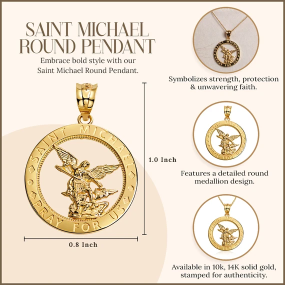 Yellow Gold Saint Michael Round Medallion Pendant Necklace (10k/14k)