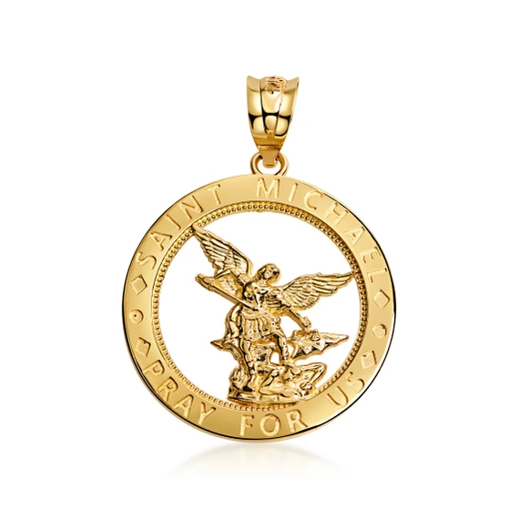 Yellow Gold Saint Michael Round Medallion Pendant Necklace (10k/14k)