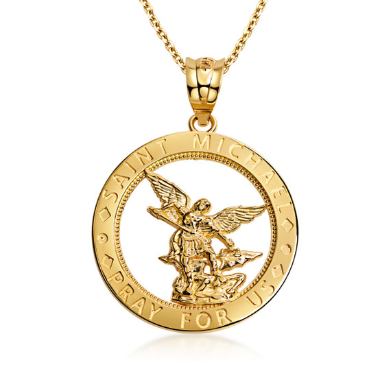 Yellow Gold Saint Michael Round Medallion Pendant Necklace (10k/14k)
