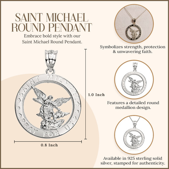 .925 Sterling Silver Saint Michael Round Medallion Pendant Necklace