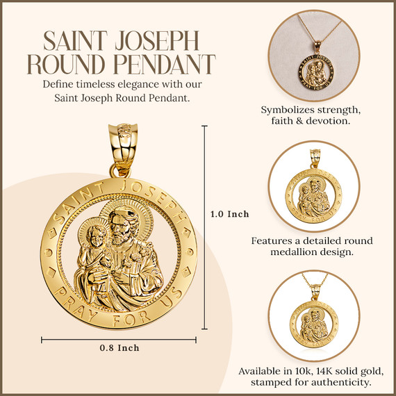 Yellow Gold Saint Joseph Round Medallion Pendant Necklace (10k/14k)