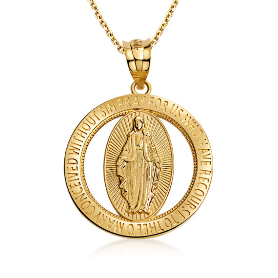Yellow Gold Saint Mary Round Medallion Pendant Necklace (10k/14k)