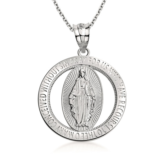 .925 Sterling Silver Saint Mary Round Medallion Pendant Necklace 