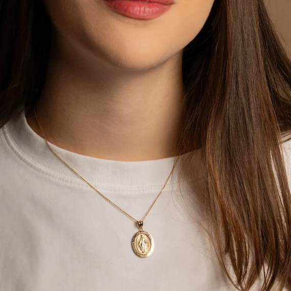 Yellow Gold Saint Mary Oval Medallion Pendant Necklace (10k/14k)