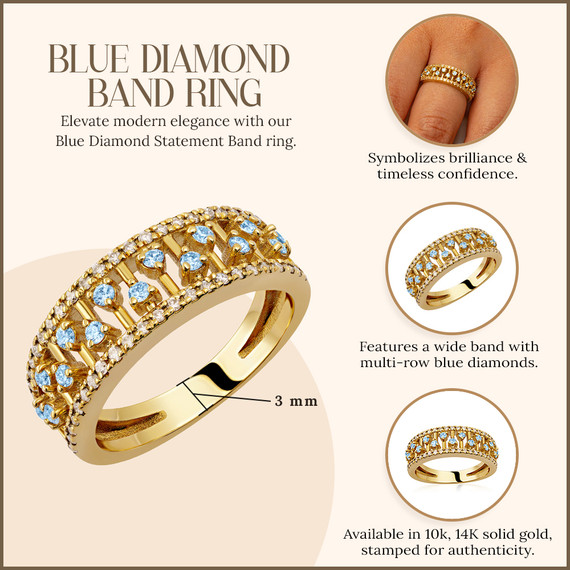 10K/14K Solid Gold Lab Grown Blue Diamond Statement Band