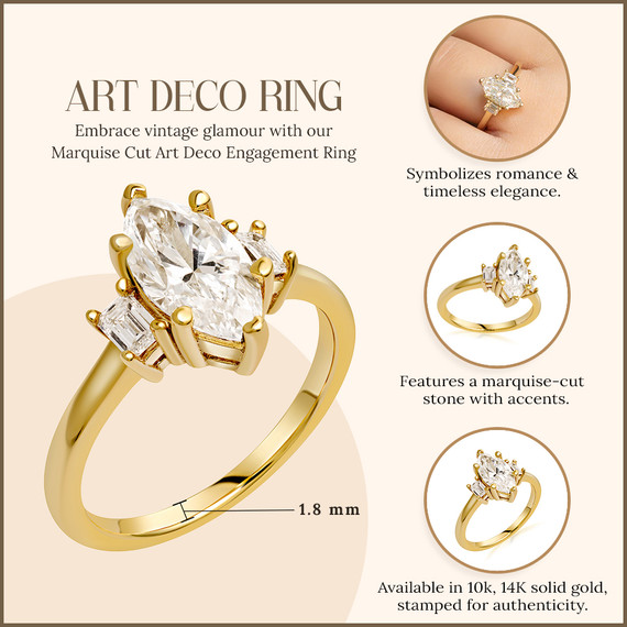 Marquise Cut Lab Grown Diamond Art Deco Engagement Ring (Available in 10k/14k Gold)
