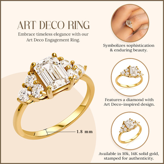 Emerald Cut Lab Grown Diamond Art Deco Engagement Ring (Available in 10k/14k)