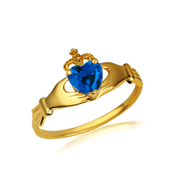 Gold Woman's Beautiful Claddagh Sapphire Birthstone Heart Shape Ring