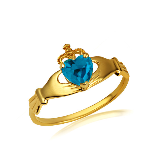 Gold Woman's Beautiful Claddagh Blue Topaz Birthstone Heart Shape Ring