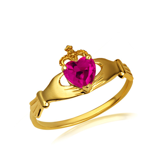 Gold Woman's Beautiful Claddagh Ruby Birthstone Heart Shape Ring