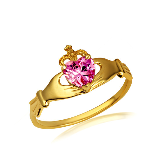 Gold Woman's Beautiful Claddagh Pink Birthstone Heart Shape Ring