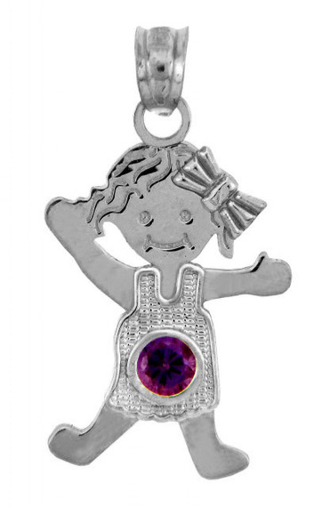 White Gold Baby Charm Pendant - CZ Amethyst Girl  Birthstone Charm