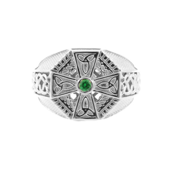 White Gold Celtic Cross Green CZ Mens Emerald Ring