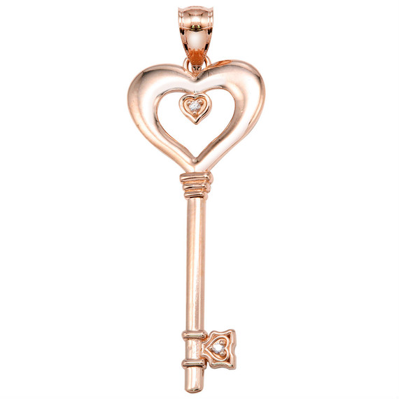 Rose Gold Heart Key Pendant with Diamonds