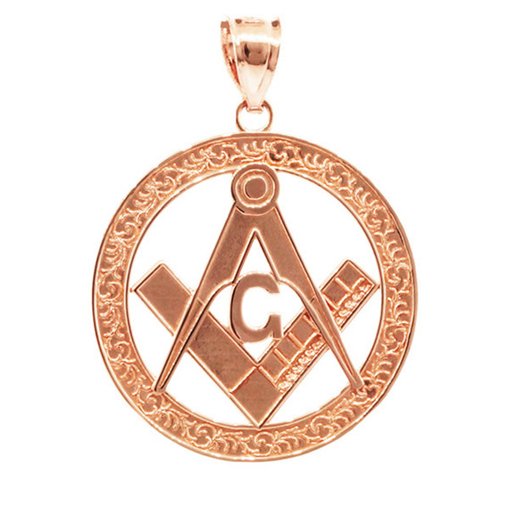 Rose Gold Freemason Square & Compass Round Filigree Pendant (1.2")