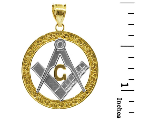 Two-Tone Yellow Gold Freemason Square & Compass Round Filigree Pendant (1.2") with measurement