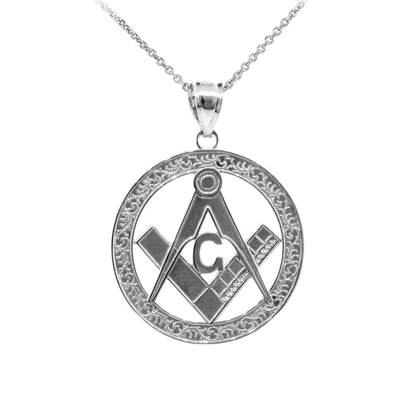 925 Sterling Silver Freemason Square & Compass Round Filigree Pendant Necklace (1.2")