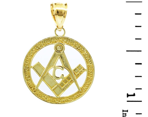 Yellow Gold Freemason Square & Compass Round Filigree Pendant (1") with measurement