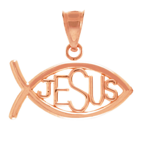 Gold Ichthus JESUS Inscribed Horizontal Pendant Necklace(Available in Yellow/Rose/White)