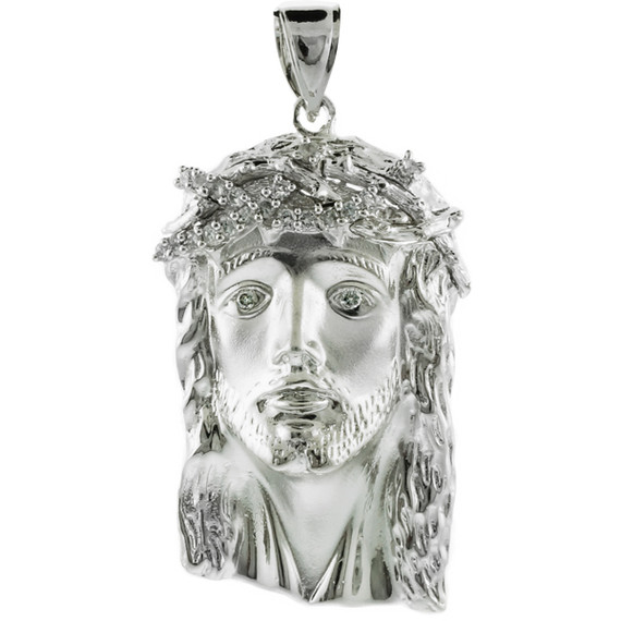 White Gold Jesus Face Large CZ Pendant