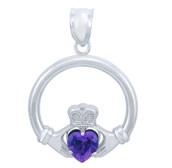 Silver Claddagh Amethyst CZ Heart Pendant (L)