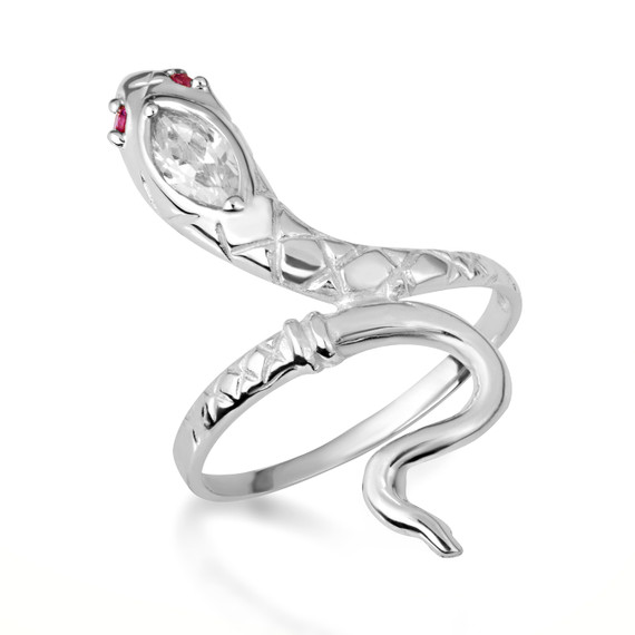 White Gold Woman's Stone Head Snake Ring