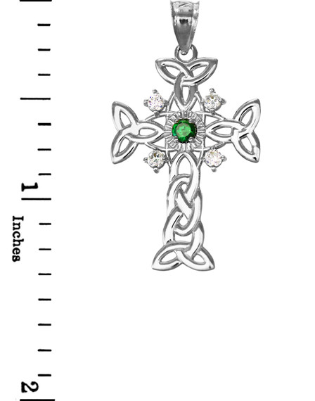 White Gold Celtic Knot Trinity Cross Diamond Pendant Necklace with Genuine Emerald