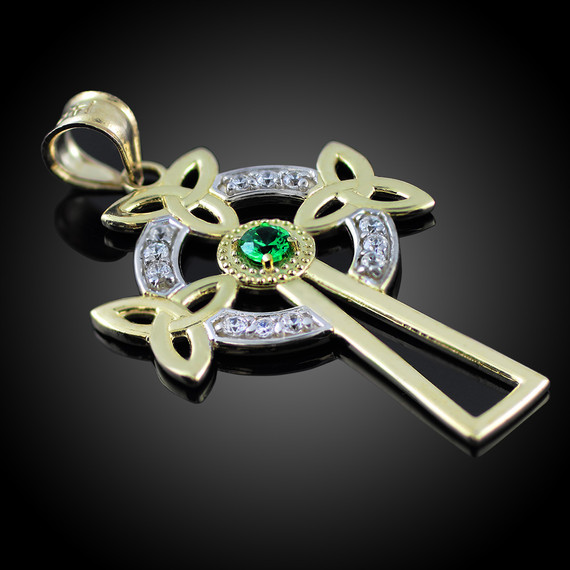 Two-Tone Gold Celtic Cross Trinity Knot Diamond Pendant Necklace with Emerald