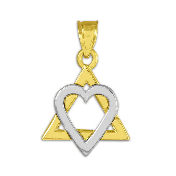 Two-tone Gold Star of David Heart Charm Pendant (0.9")