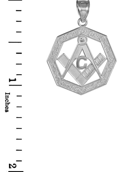 .925 Sterling Silver Freemason Square & Compass Octagon Shaped Pendant with measurement