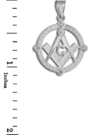 .925 Sterling Silver Freemason Diamond Square & Compass Round Beaded Pendant with measurement