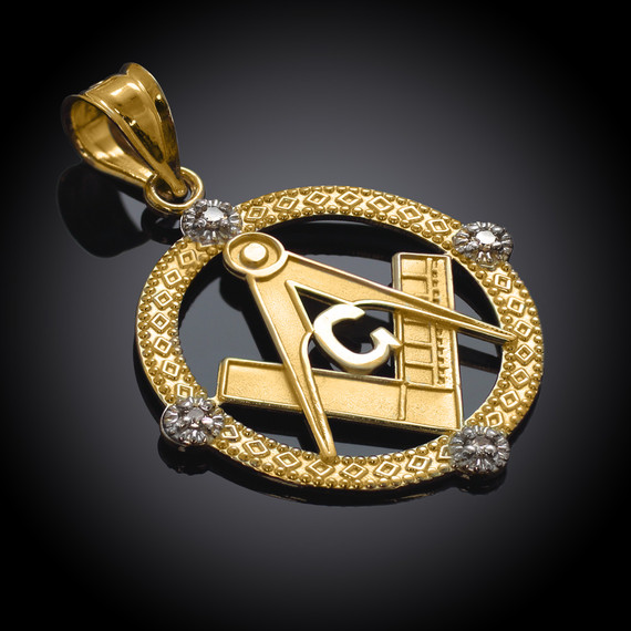 Yellow Gold Freemason Diamond Square & Compass Round Beaded Pendant in black background