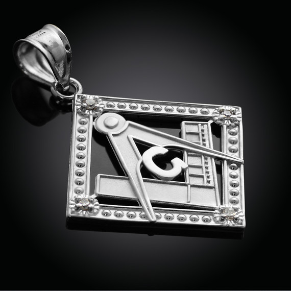 .925 Sterling Silver Freemason CZ Square & Compass Diamond Shaped Pendant in black background